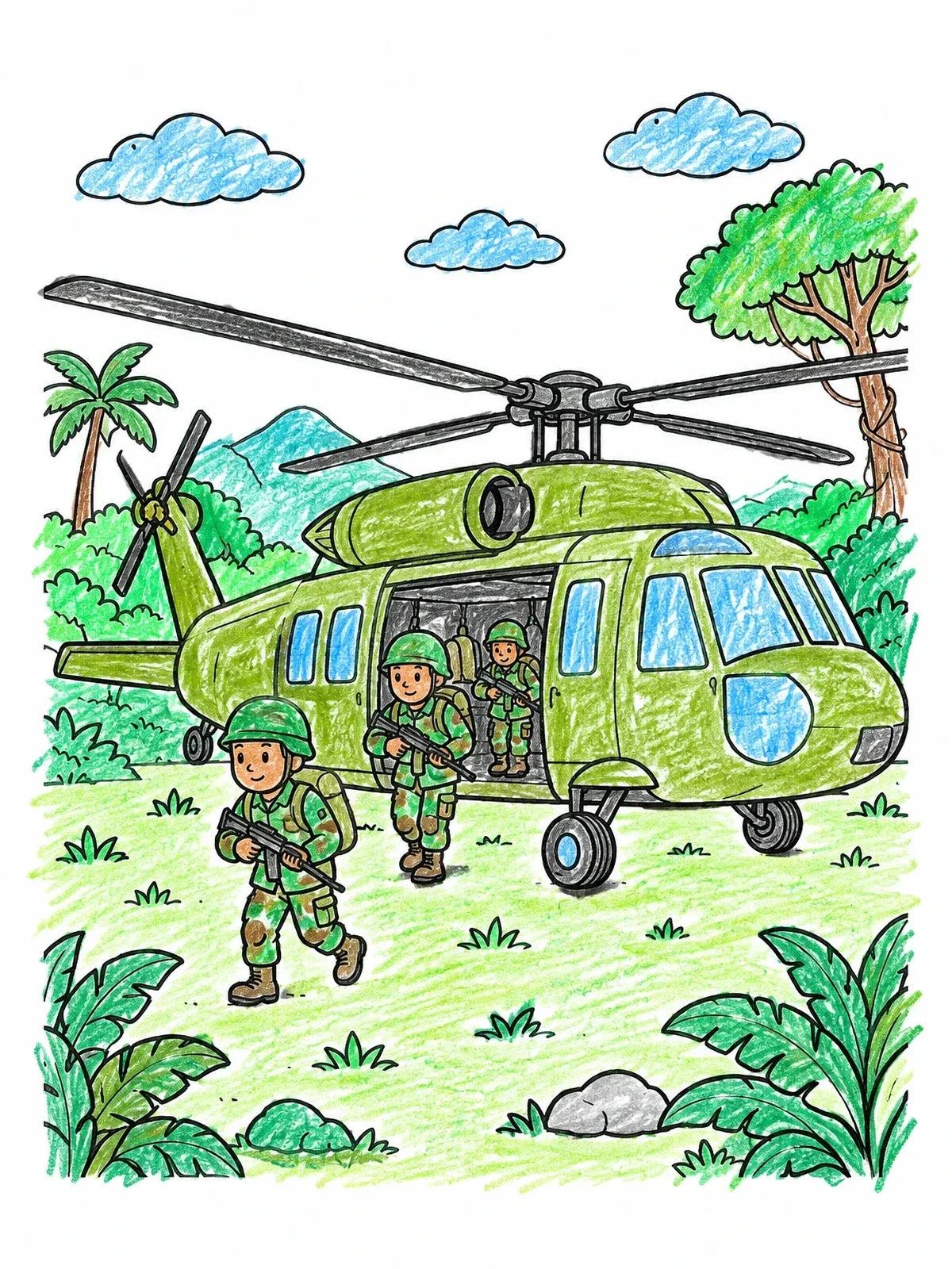 Colored example of the Helicopter Landing In The Jungle coloring page