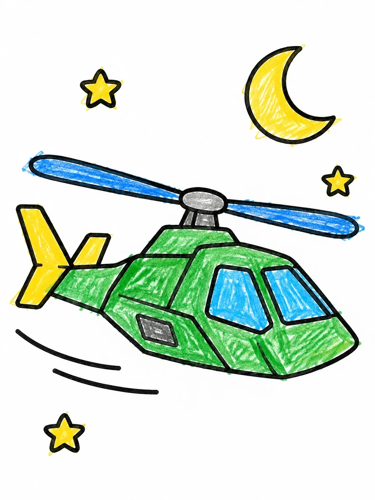 Colored example of the Helicopter Flying Under The Crescent Moon coloring page