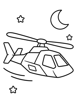 A simple helicopter coloring page showing a chopper flying beneath the moon and stars.