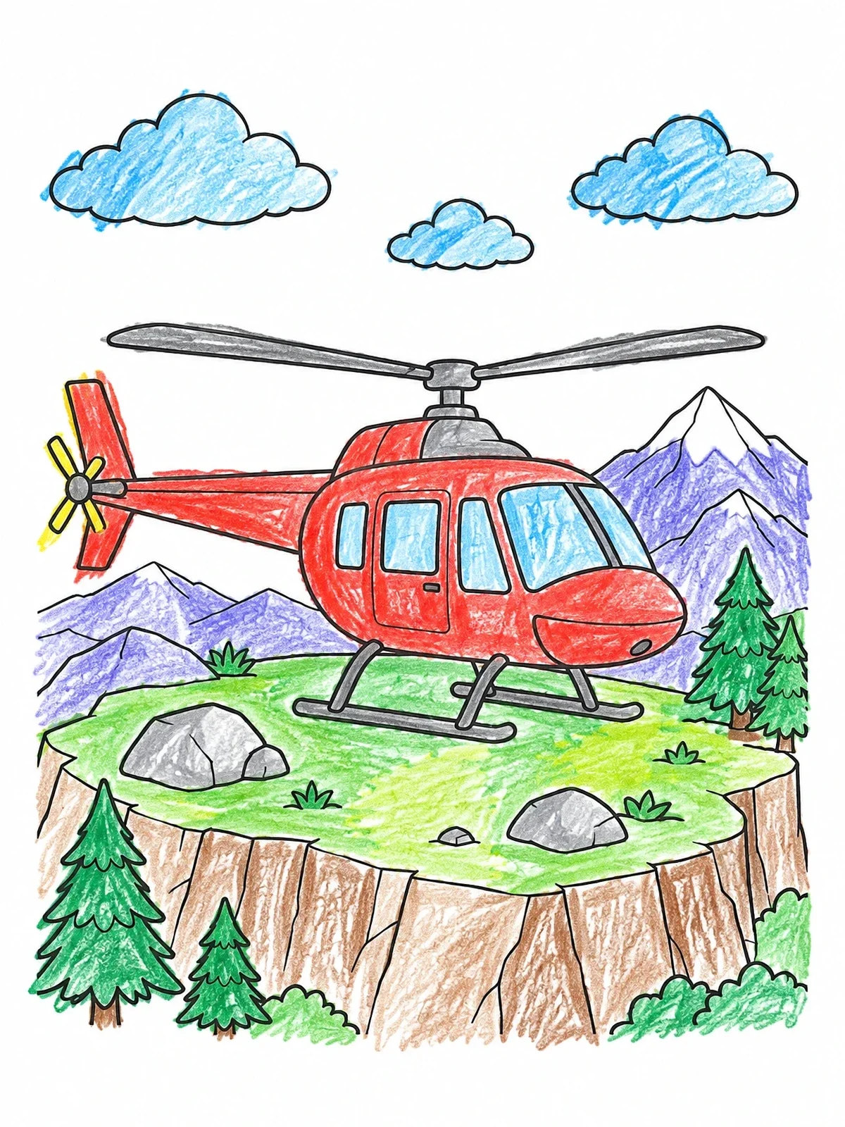 Colored example of the Helicopter On A Mountain Peak coloring page