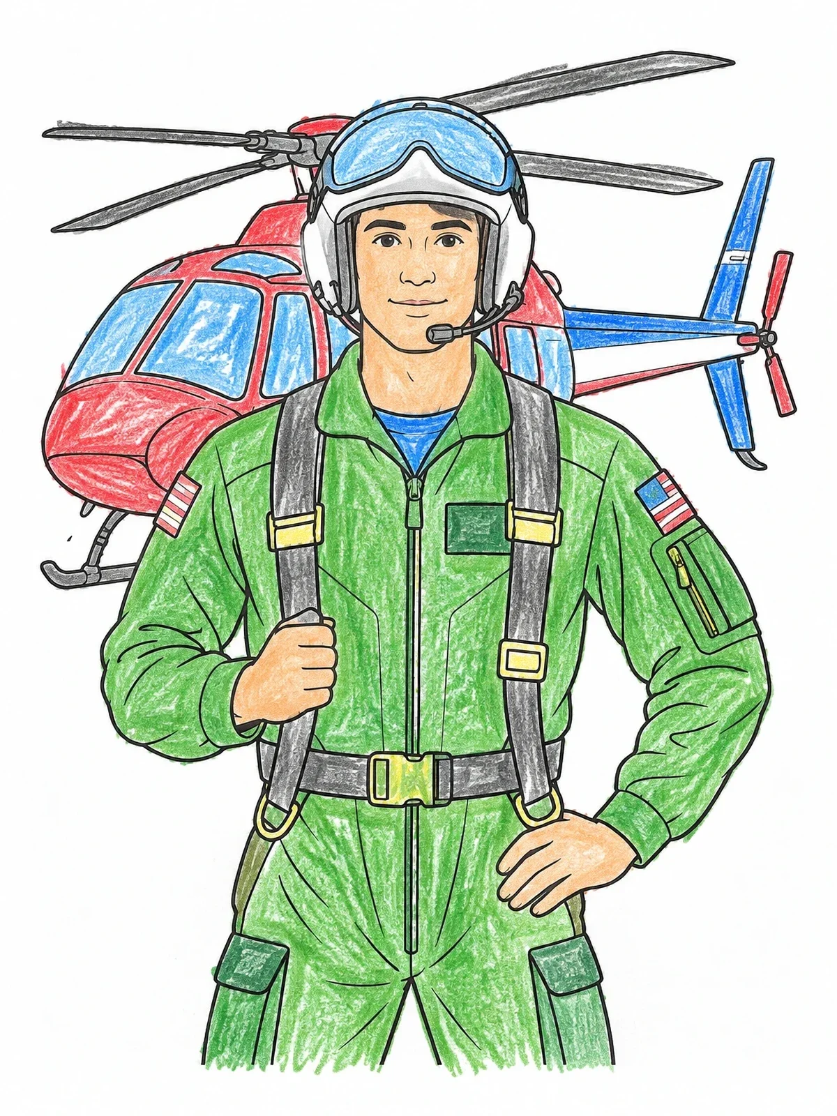 Colored example of the Helicopter Pilot In Flight Suit coloring page