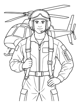 A pilot coloring page showing a helicopter pilot wearing a flight suit and helmet in front of an aircraft.