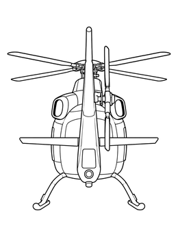 A detailed helicopter coloring page showing the rear view with rotor blades and tail assembly.