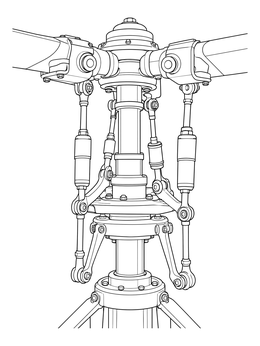 Detailed mechanical helicopter coloring page showing the rotor mast, swashplate, and pitch linkages.