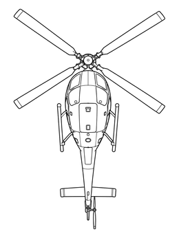 An aerial helicopter coloring page showcasing rotor blades and landing skids.