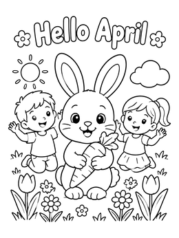 Free printable Hello April Bunny And Happy Children coloring page