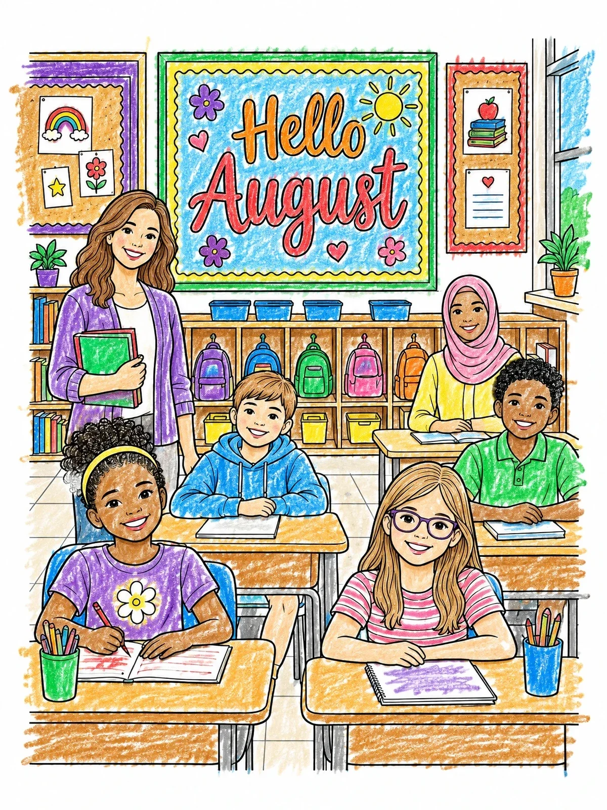 Colored example of the Hello August Classroom With Students coloring page