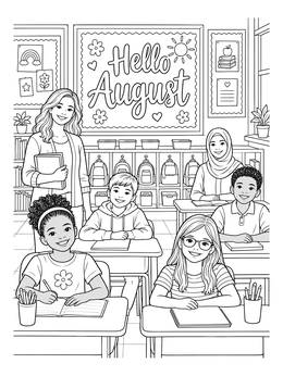 Students sit at their desks in this hello august coloring page featuring a teacher and bulletin board.