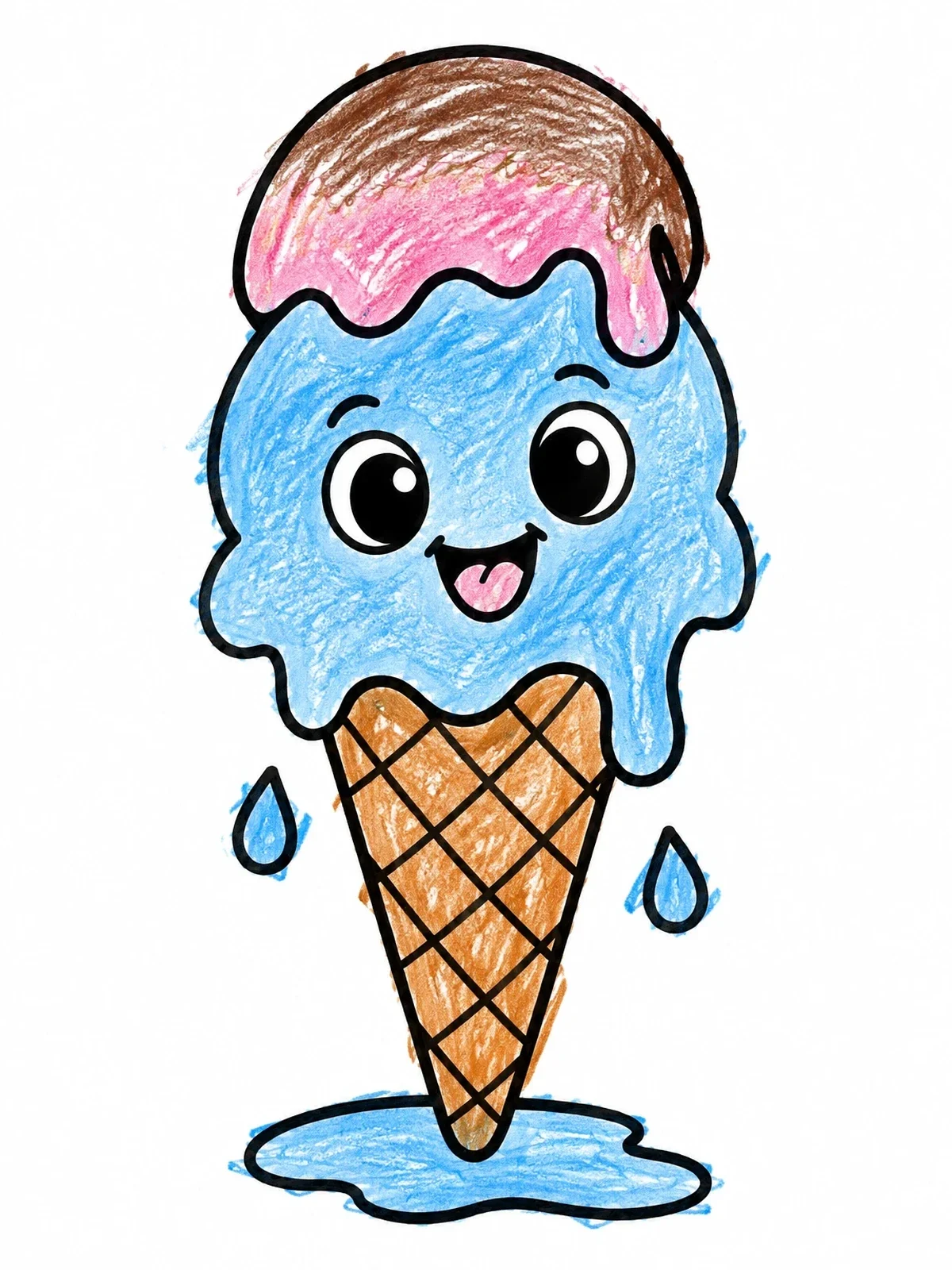Colored example of the Cute Melting Ice Cream Cone coloring page