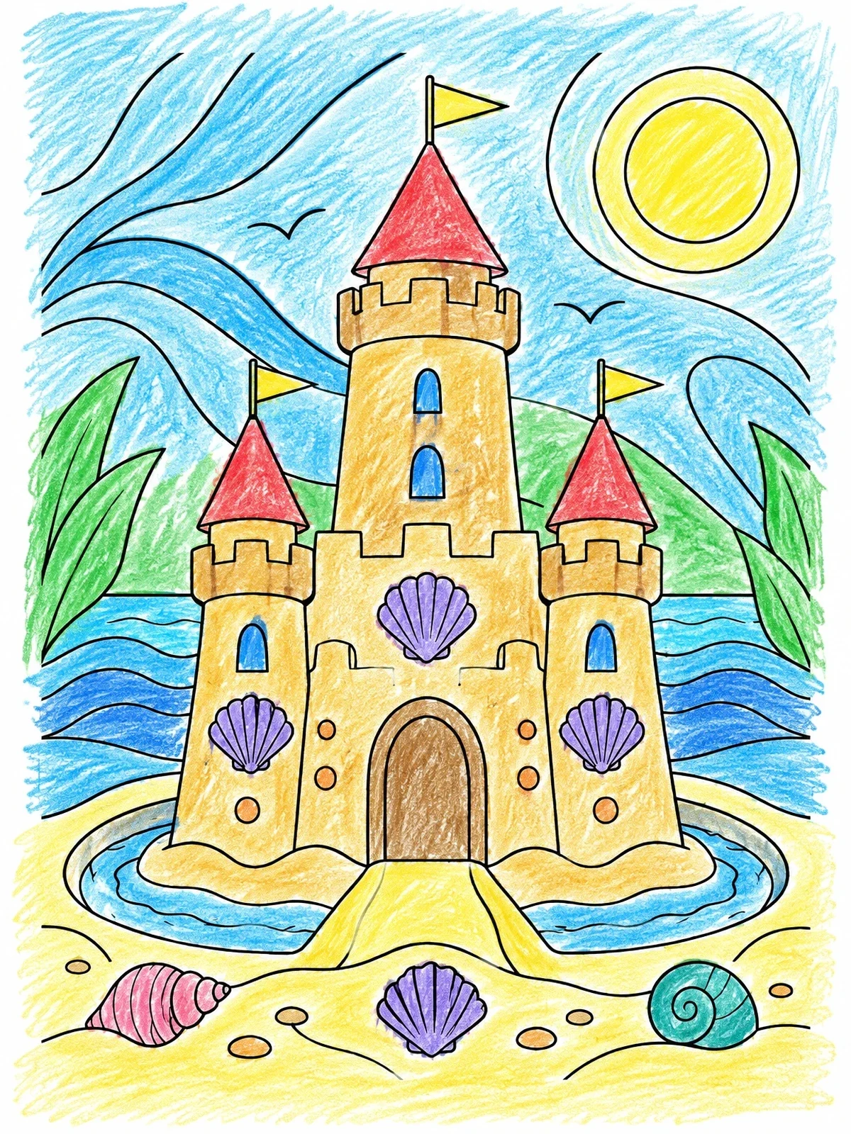 Colored example of the Detailed Sandcastle With Seashells By Sea coloring page