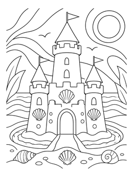 A detailed sandcastle on the beach in this hello august coloring page.