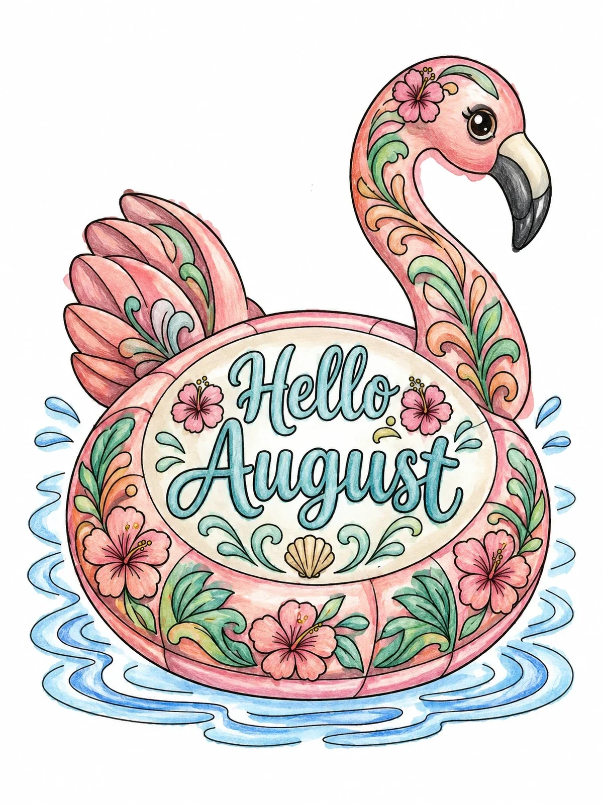 Colored example of the Hello August Flamingo Pool Float coloring page
