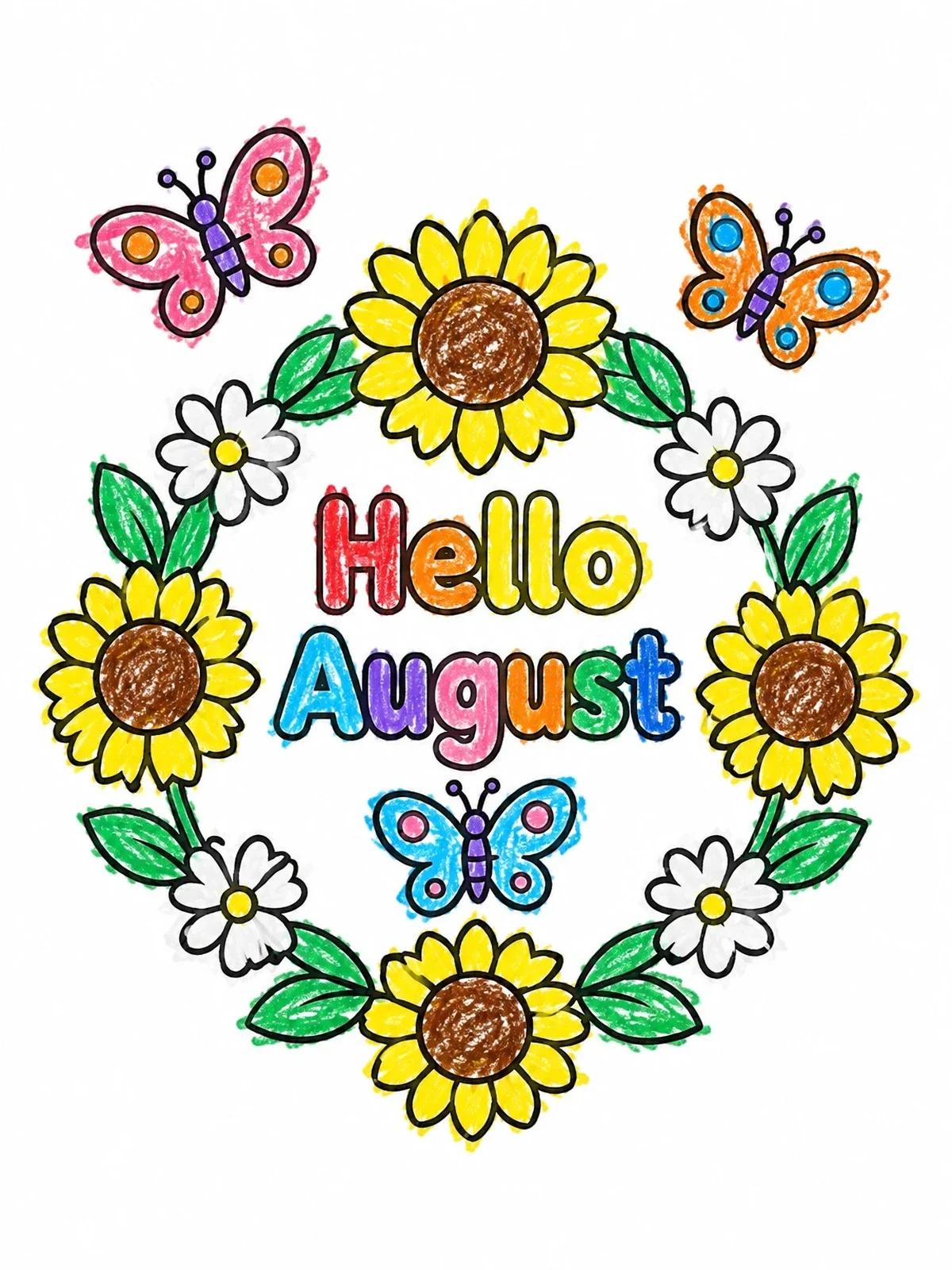 Colored example of the Hello August Floral Wreath With Butterflies coloring page