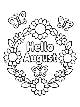 Free printable Hello August Floral Wreath With Butterflies coloring page