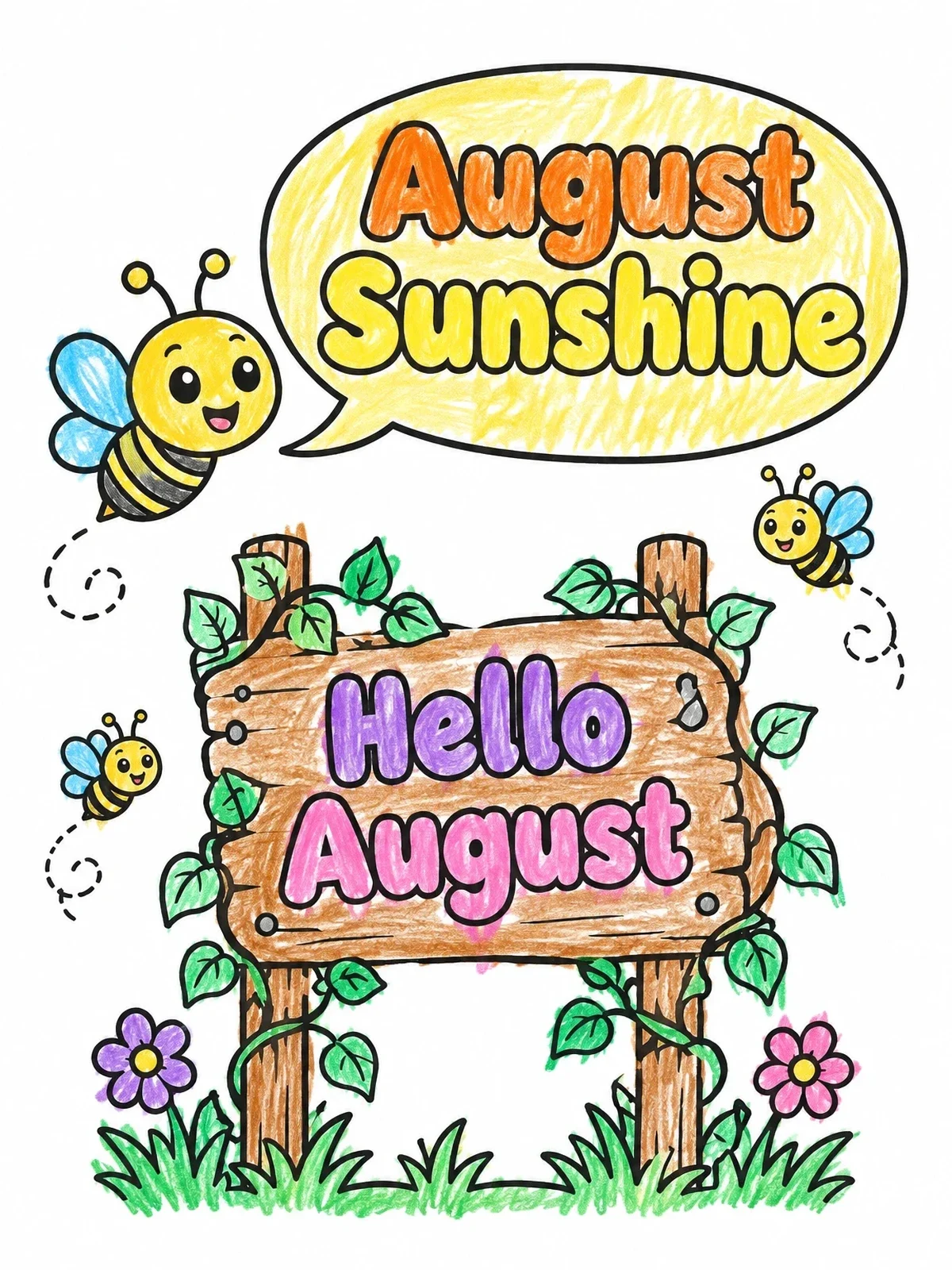 Colored example of the Hello August Garden Sign With Bees coloring page