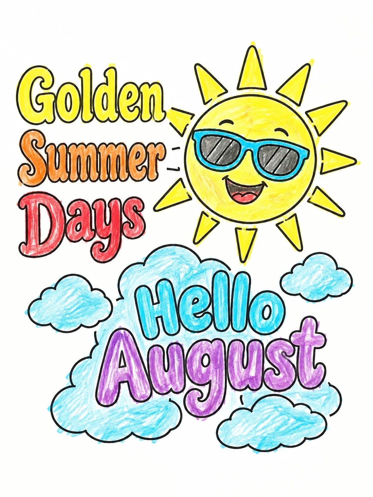 Colored example of the Hello August Golden Summer Days coloring page