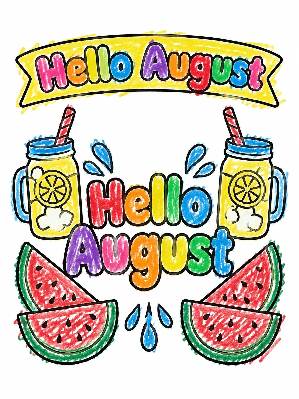 Colored example of the Hello August With Lemonade And Watermelon coloring page