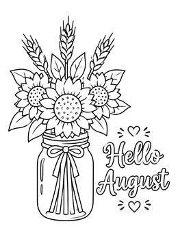 Free printable Hello August Mason Jar Bouquet coloring page