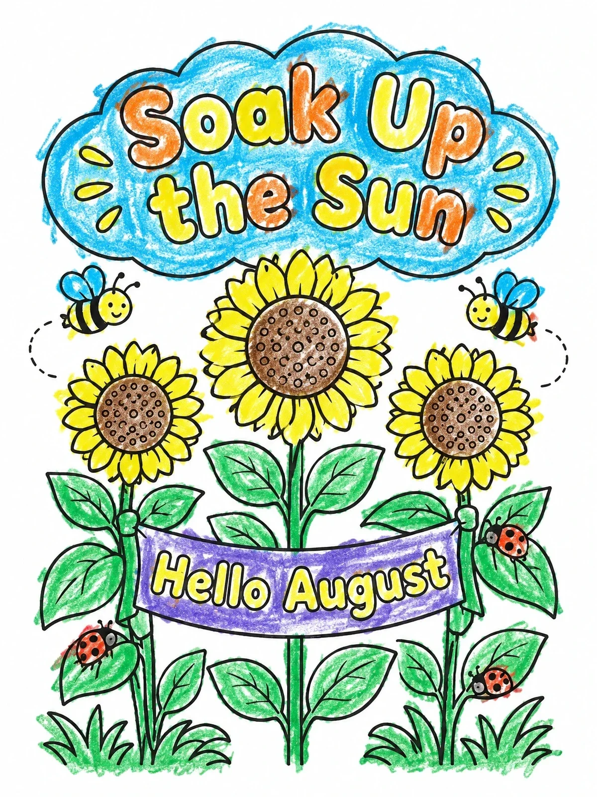 Colored example of the Hello August Sunflowers And Bees coloring page
