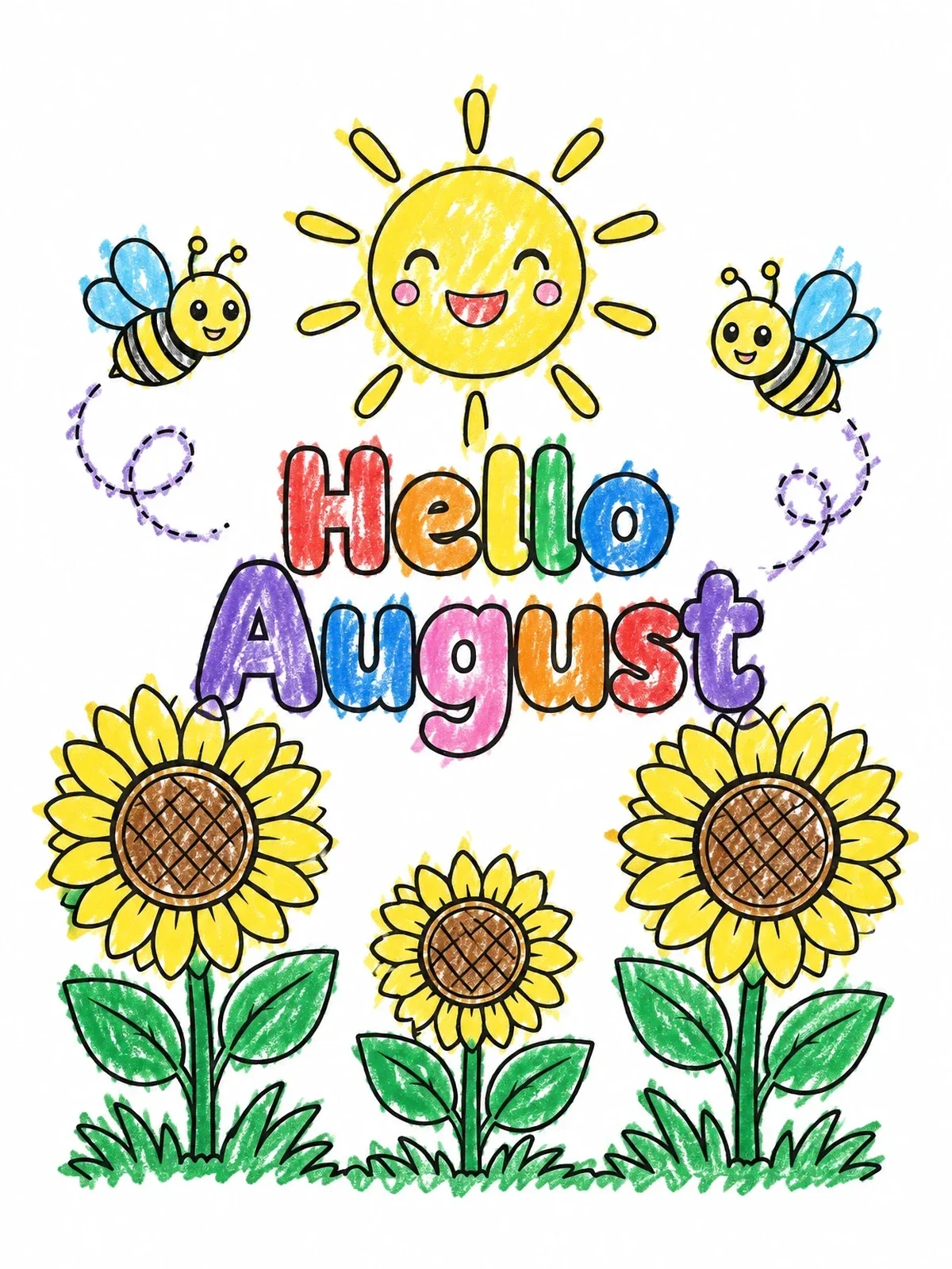 Colored example of the Hello August With Sunflowers And Bees coloring page