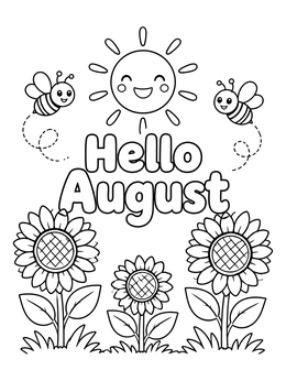 Free printable Hello August With Sunflowers And Bees coloring page