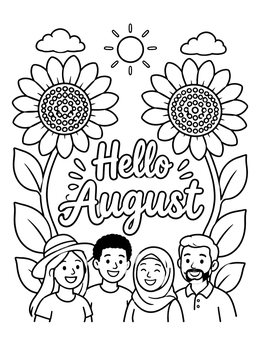 Free printable Hello August With Sunflowers And Friends coloring page