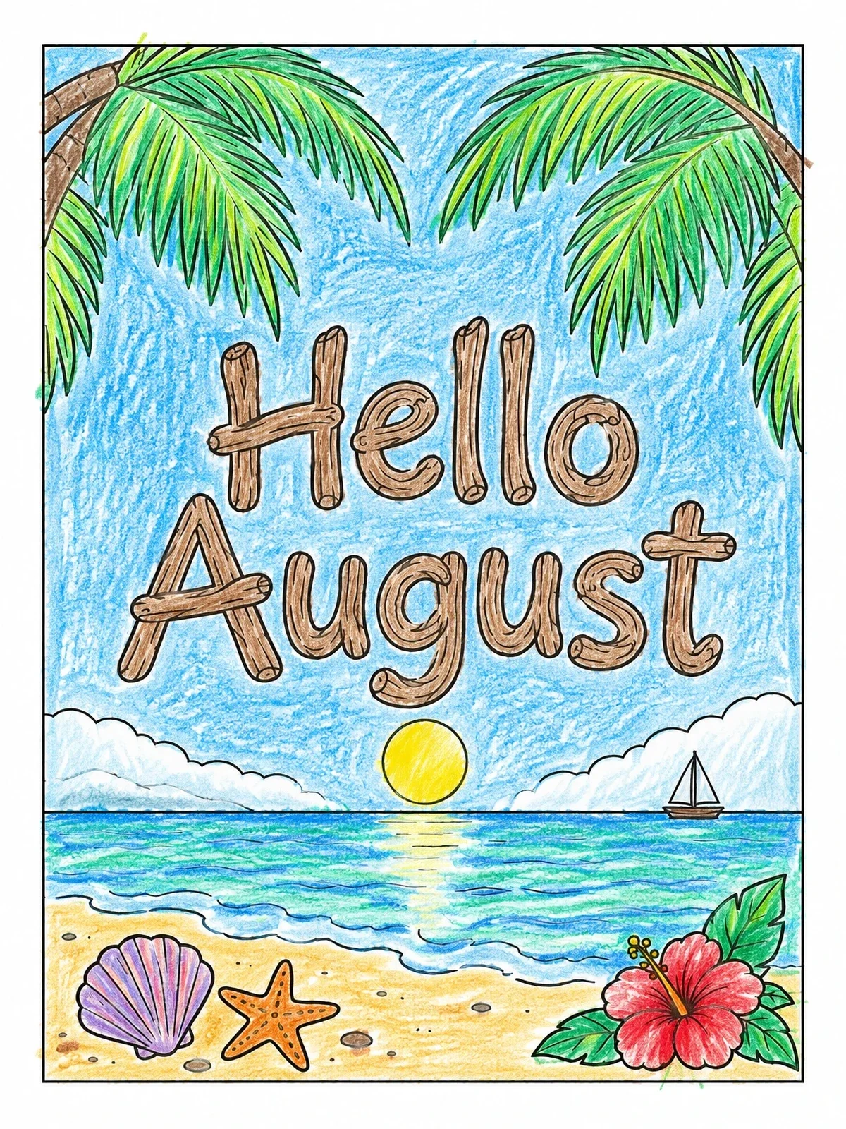 Colored example of the Hello August Tropical Beach View coloring page
