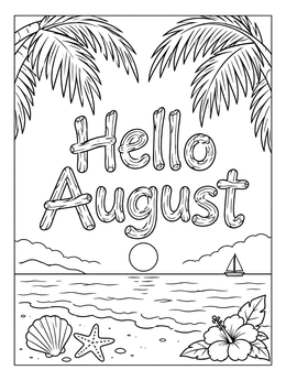 Tropical beach scene with palm trees on this hello august coloring page.