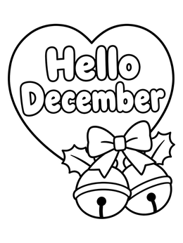 Free printable Hello December Heart With Jingle Bells coloring page