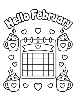A cozy february coloring page featuring a blank calendar, hot chocolate mugs, and floating hearts.