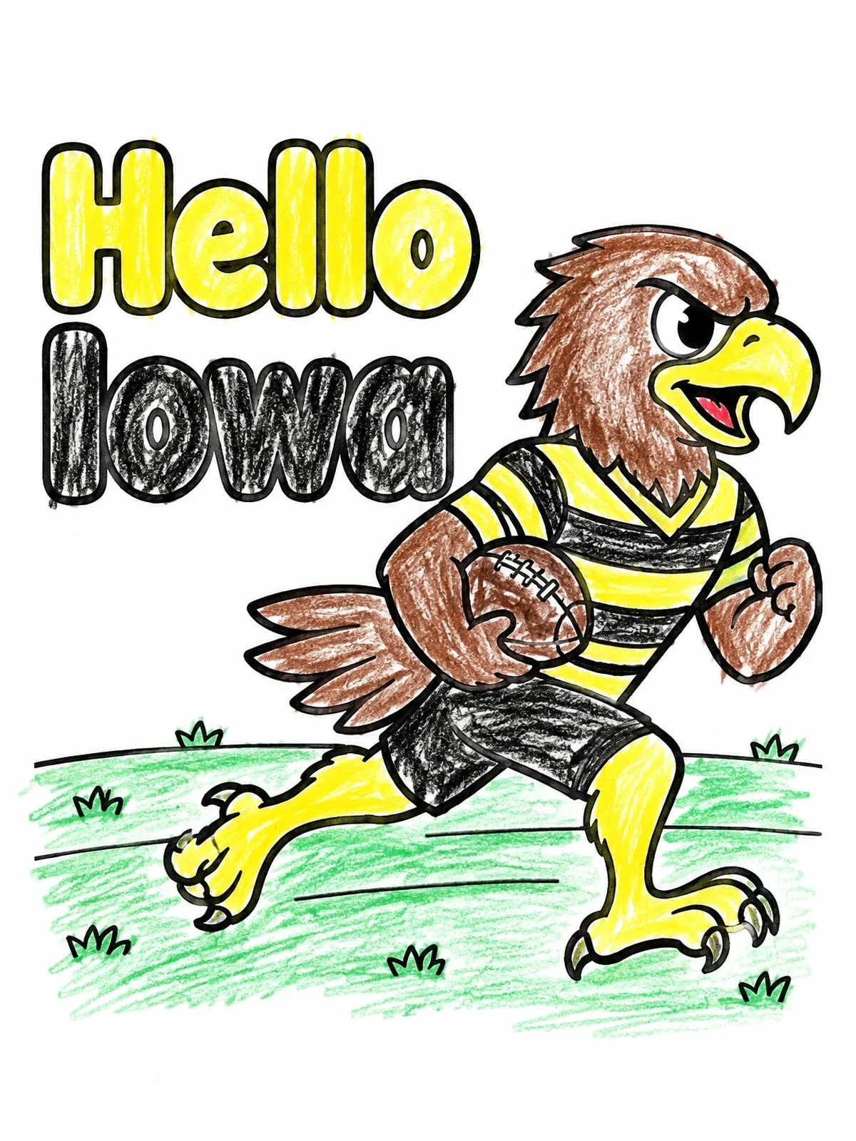 Colored example of the Hello Iowa Hawk Mascot Running coloring page