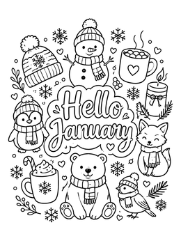 Cute winter animals and hot drinks surround the text on this hello january coloring page.