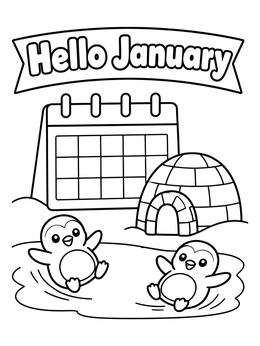 A cheerful January coloring page featuring sliding baby penguins, an igloo, and a desk calendar.