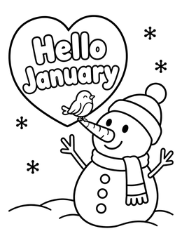Free printable Hello January Snowman With Little Bird coloring page