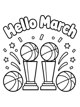 A festive march coloring page with basketball trophies, confetti, and bubbly letters.