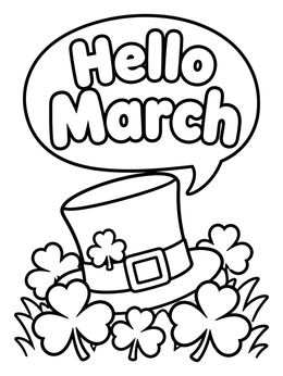 Free printable Hello March Leprechaun Hat And Clovers coloring page