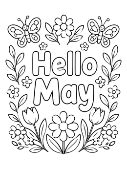 Hello May coloring page surrounded by blooming spring flowers and cute butterflies.