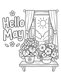 Blooming potted flowers sit on a sunny windowsill in this cute Hello May coloring page.
