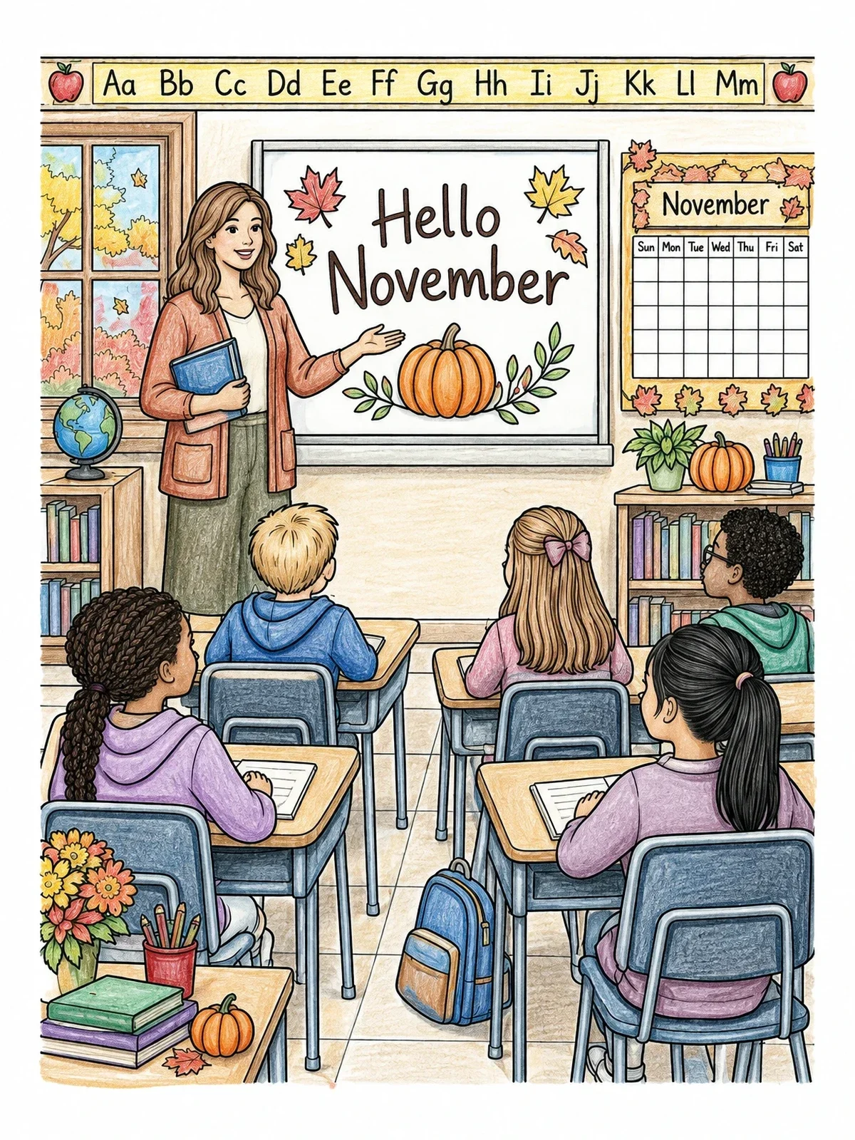 Colored example of the Hello November Autumn Classroom Lesson coloring page