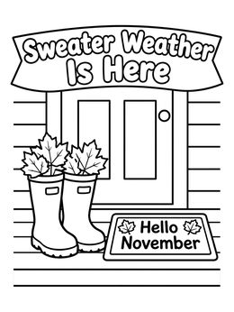 A welcoming front porch with boots and a doormat in this hello november coloring page.