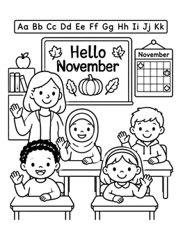 Free printable Hello November Elementary Classroom Scene coloring page