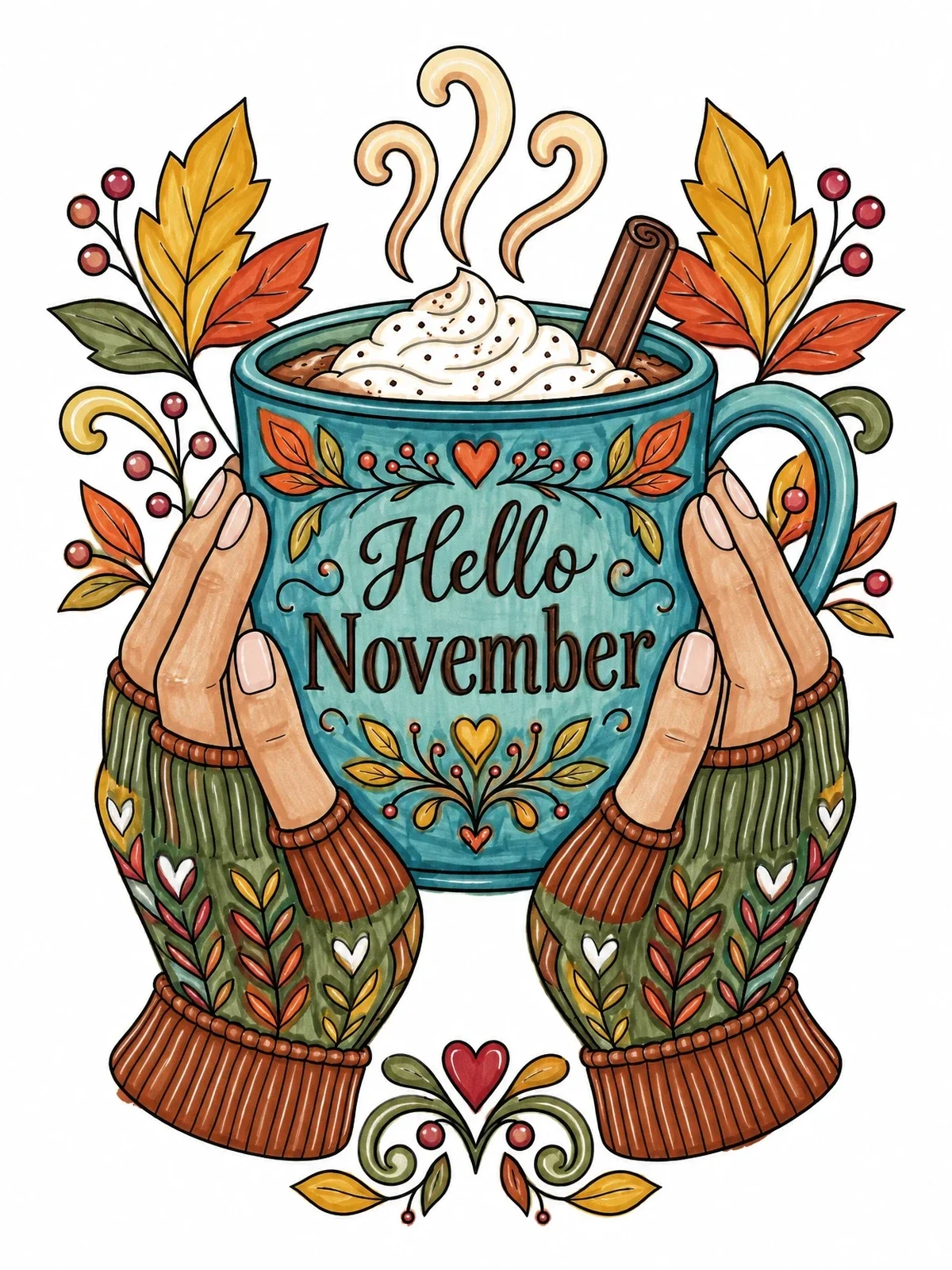 Colored example of the Cozy Hands Holding November Mug coloring page