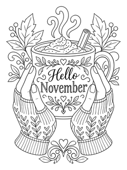 Free printable Cozy Hands Holding November Mug coloring page
