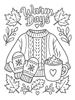 A cozy sweater, mittens, and hot cocoa in this hello november coloring page surrounded by autumn leaves.