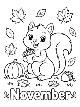 Free printable Cute Squirrel Celebrating November coloring page
