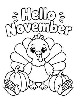 Free printable Cute Turkey And Autumn Harvest coloring page