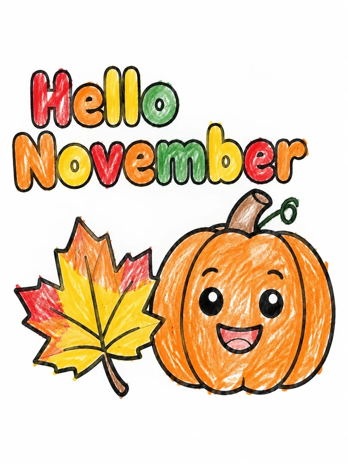 Colored example of the Hello November Pumpkin And Maple Leaf coloring page