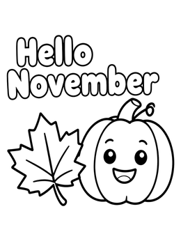 Free printable Hello November Pumpkin And Maple Leaf coloring page