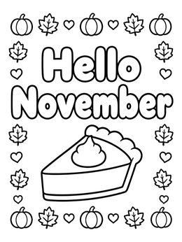 A slice of pumpkin pie surrounded by an autumn border on this cute november coloring page.