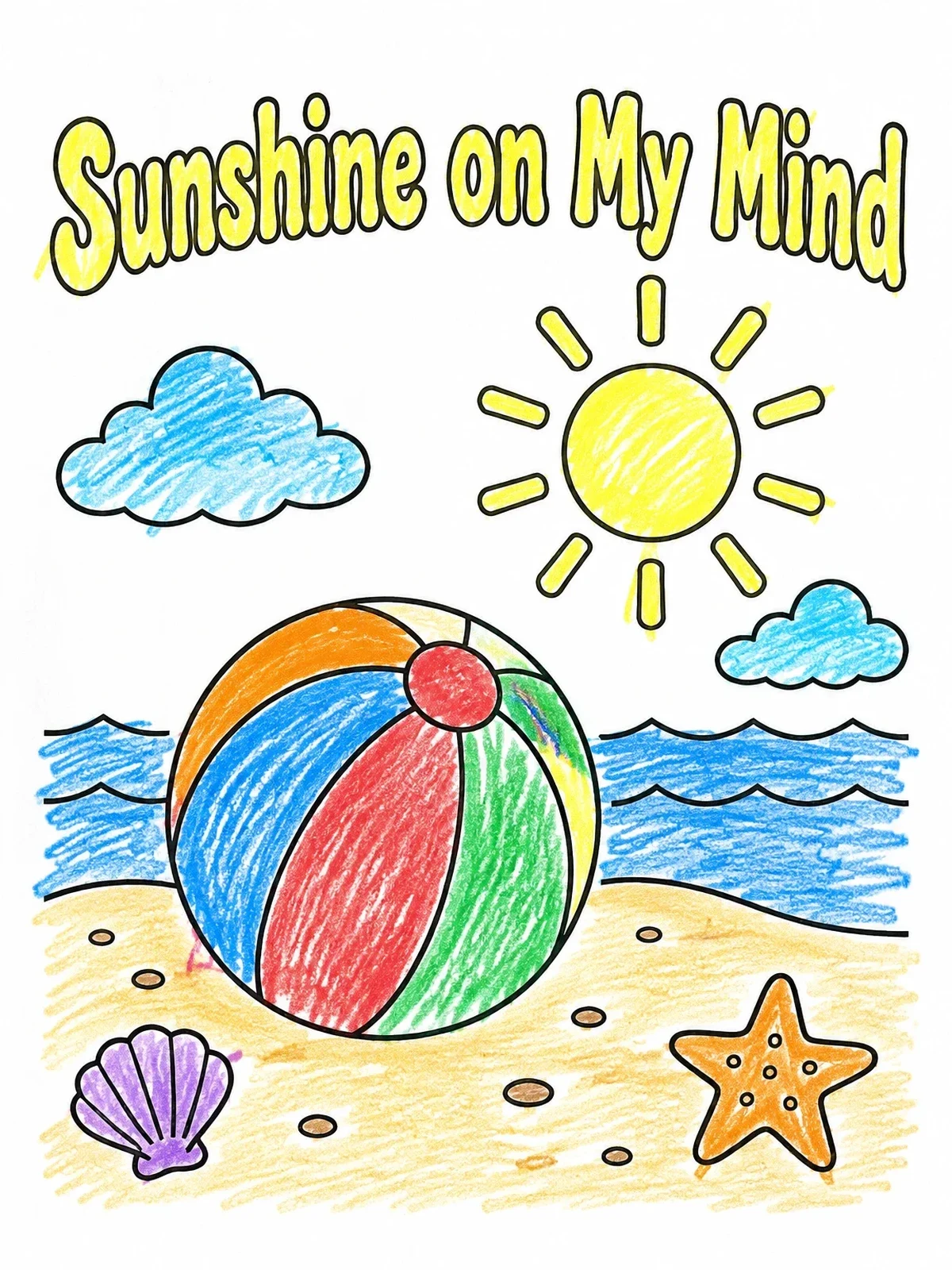 Colored example of the Beach Ball And Sunshine Scene coloring page
